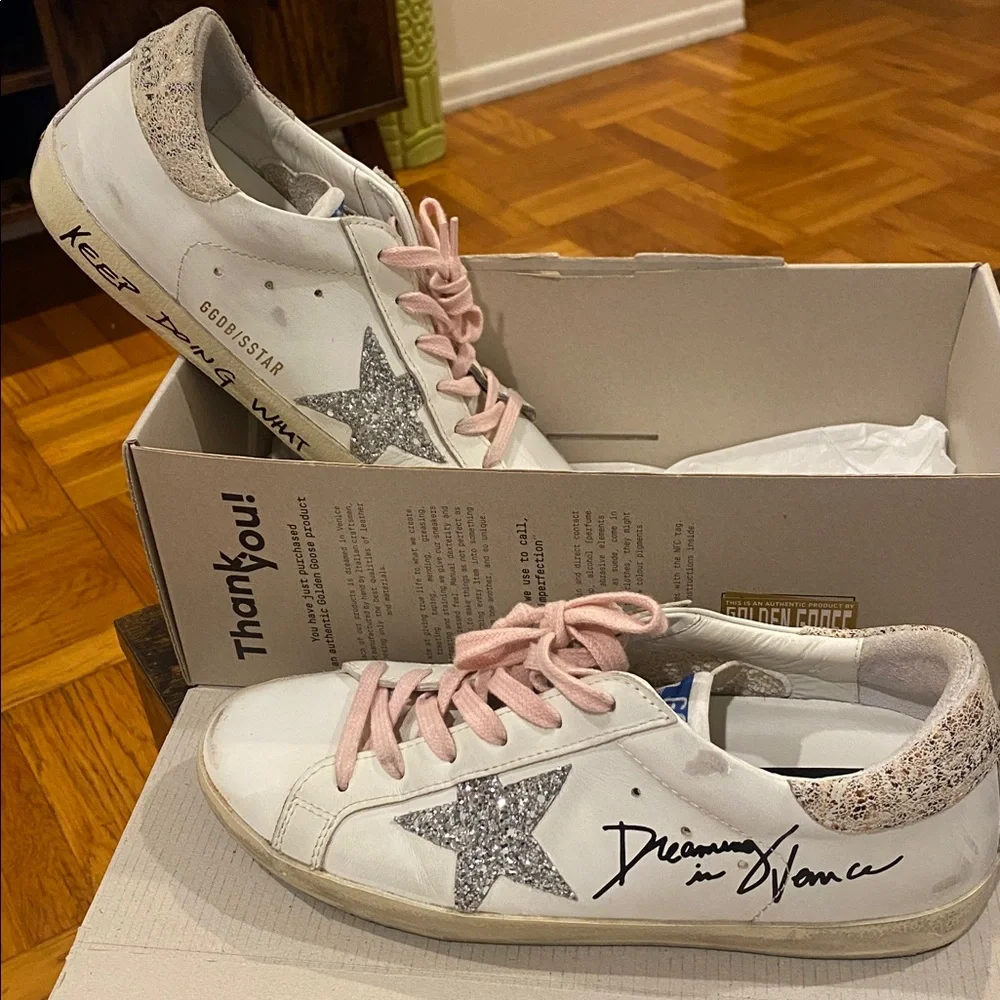 Authentic Golden Goose White Sneakers with Pink Laces and Glitter Star - Picture 7 of 10